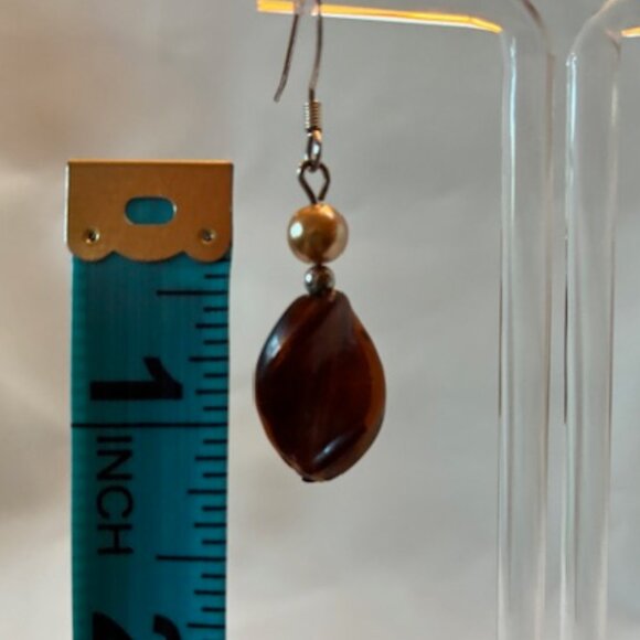 Earrings - dangling silver tone with brown bead and tan faux pearl. - Picture 3 of 3